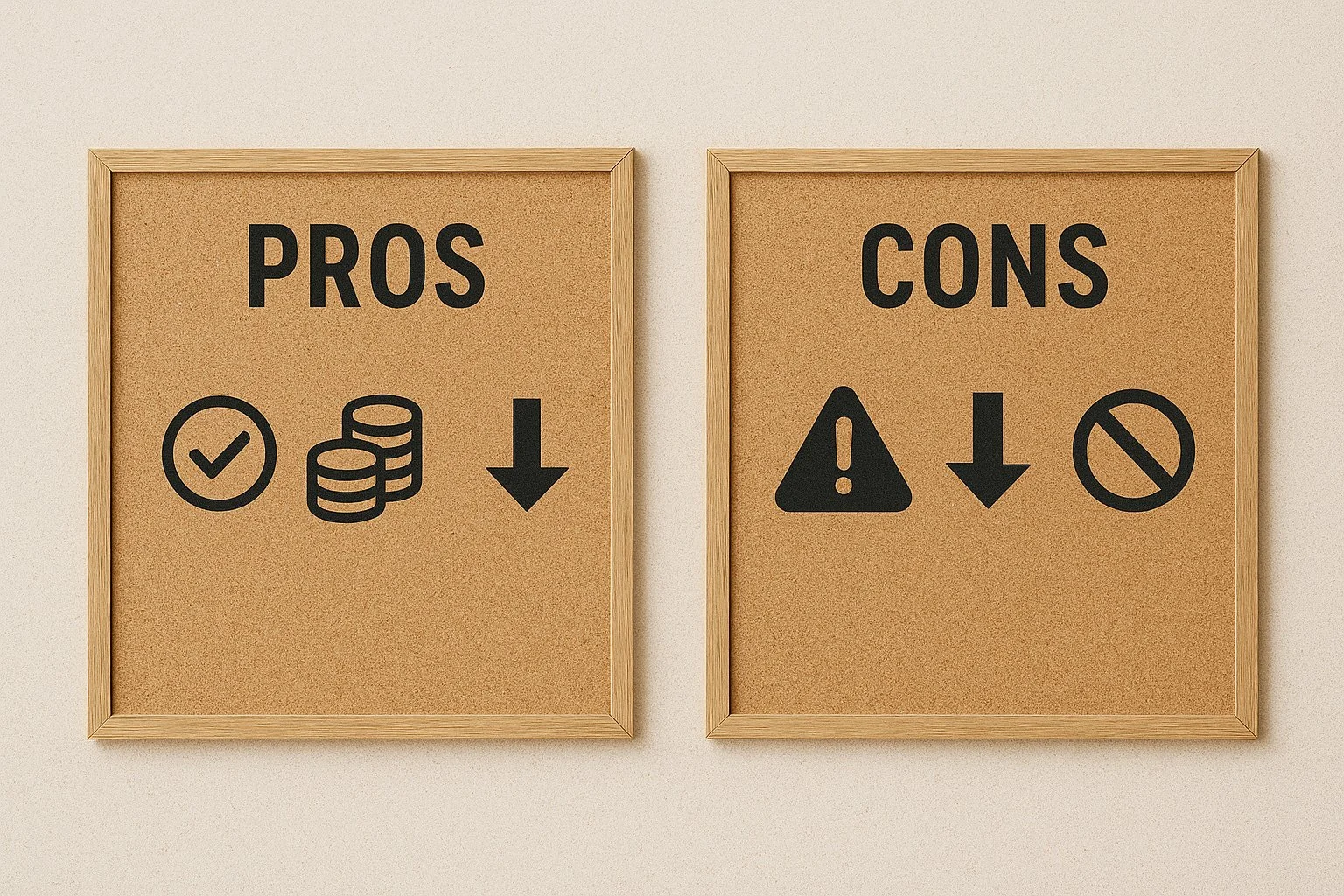 Two side-by-side boards showing pros with checkmarks, coins, and lower-tax icons, and cons with caution symbols and double-tax icons.