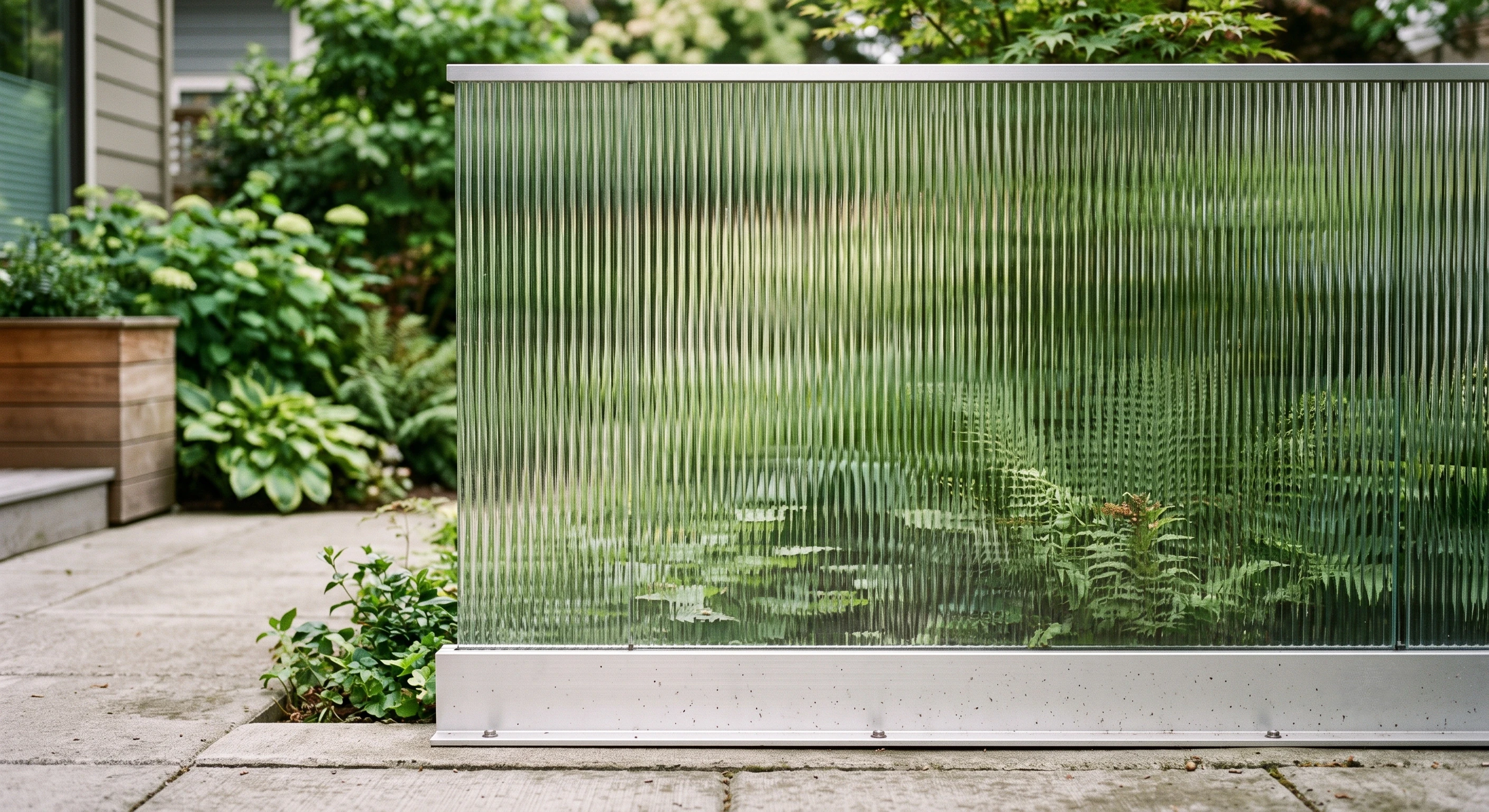 Reeded glass railing panel with vertical ribs softly obscuring the garden behind