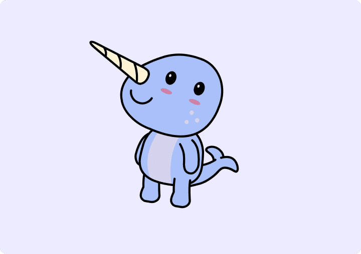 Suifren Narwal standing in the middle on a light purple background. 