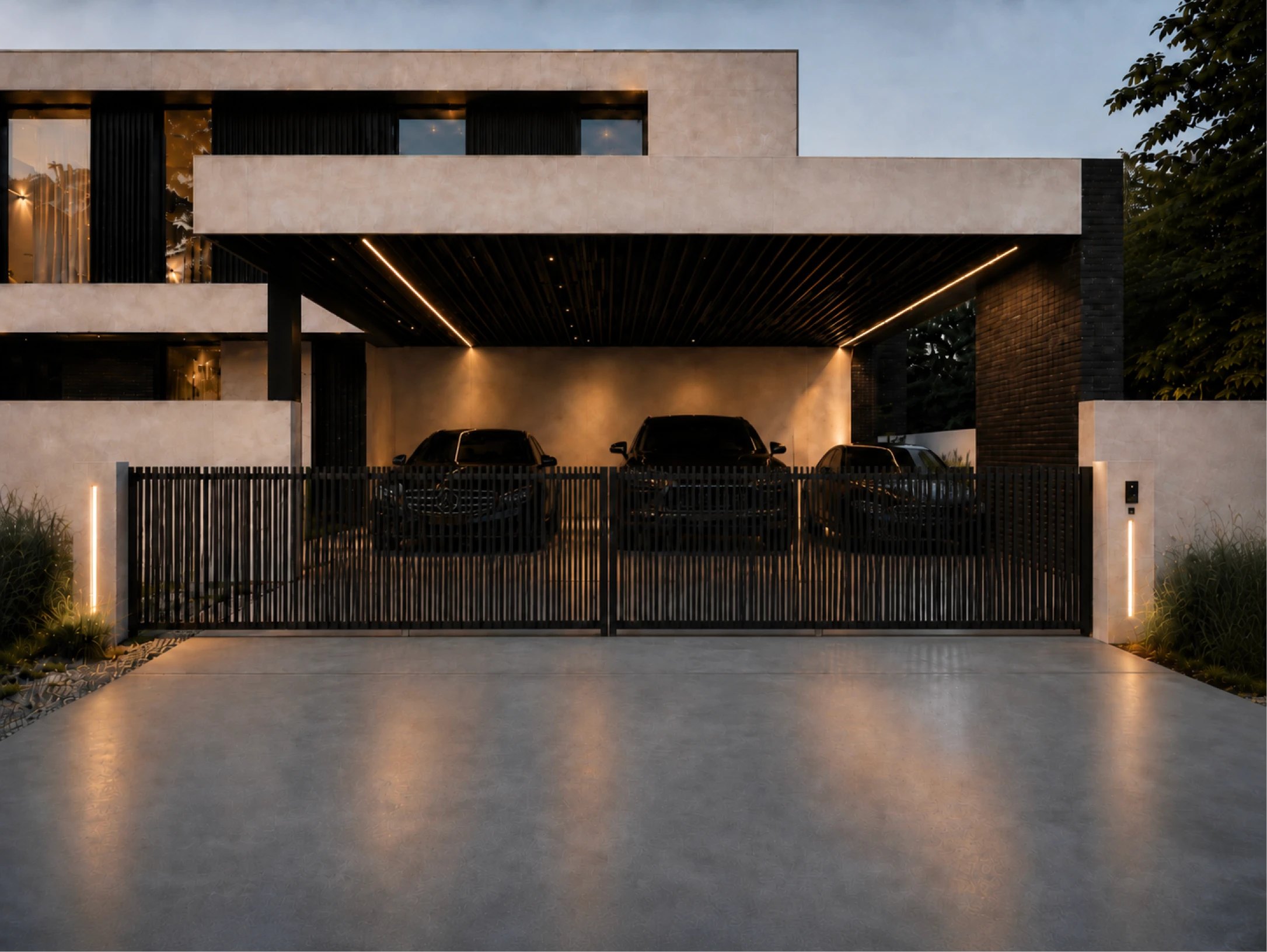 Garagem coberta de uma casa moderna, com portão metálico, três carros e iluminação embutida.