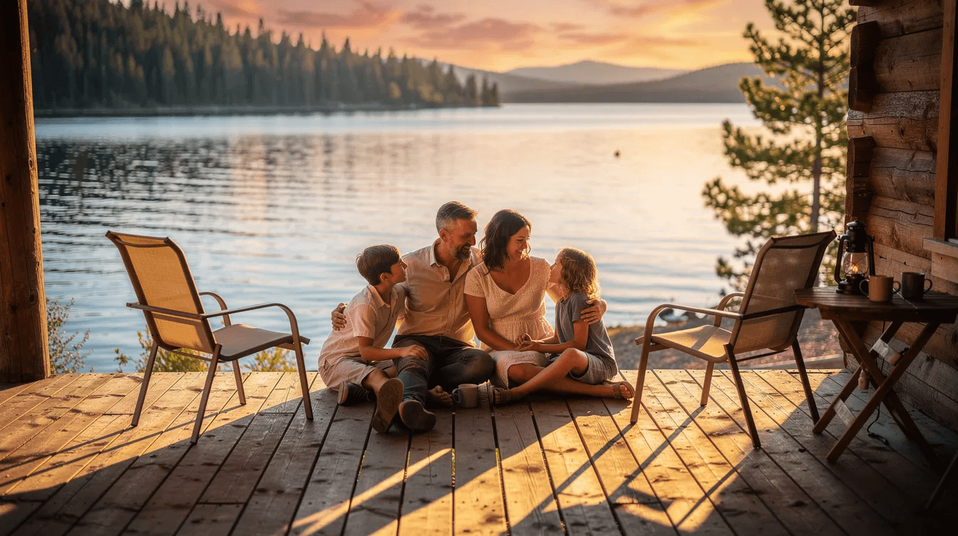 A family gathers on the porch of a cozy lakeside cabin during golden hour, enjoying quality time together as they create lasting memories. This vacation home serves as a perfect retreat, highlighting the benefits of owning a second home by the lake.