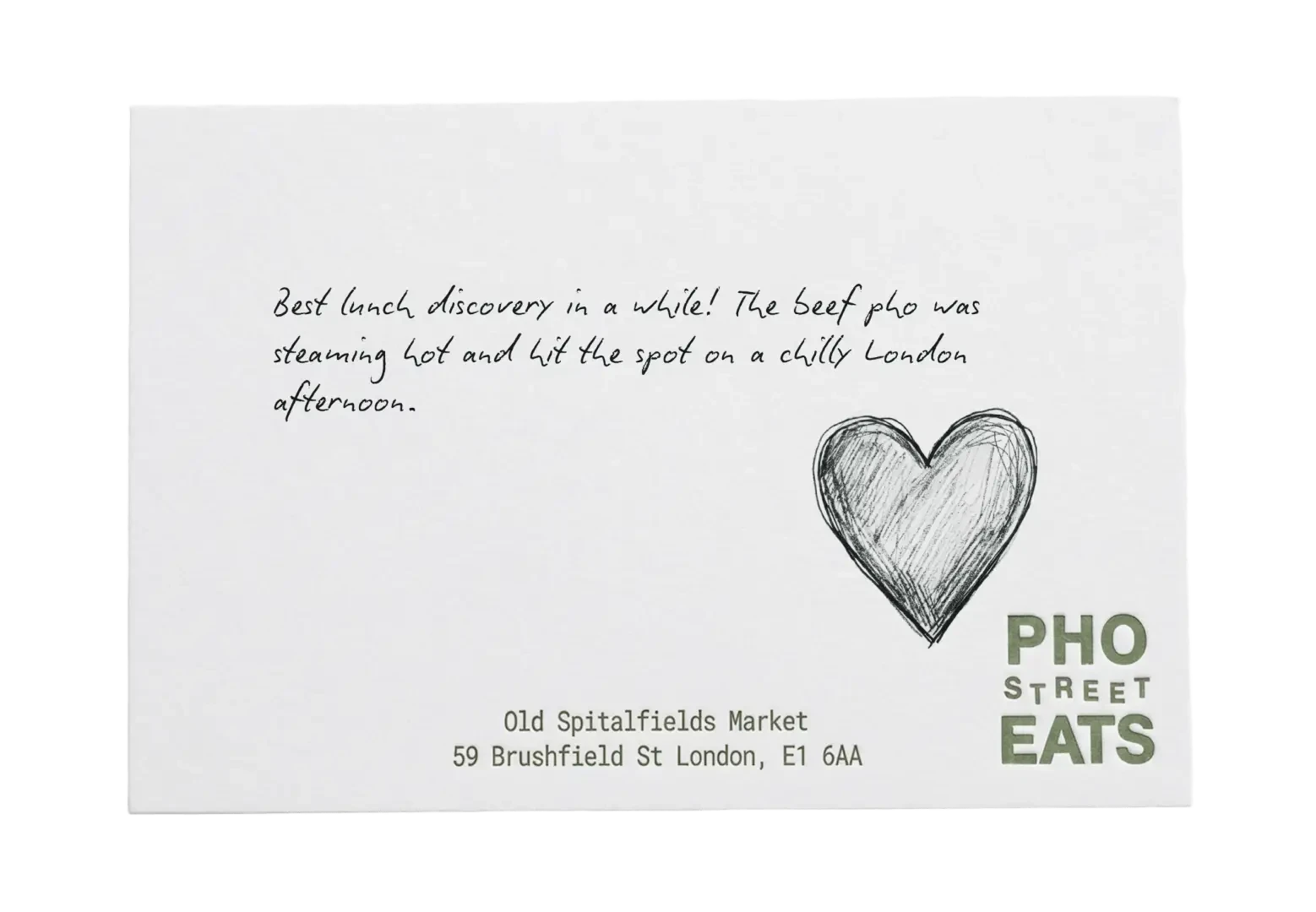 Pho Street Eats review card with a pencil heart, praising the beef pho.