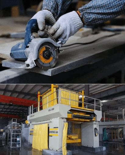 Close-up of a worker using a hand-held electric cutting tool on a stone slab, demonstrating precise cutting control.