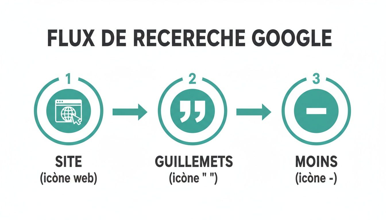 Schéma illustrant trois étapes clés pour une recherche avancée sur Google : site, guillemets et moins.