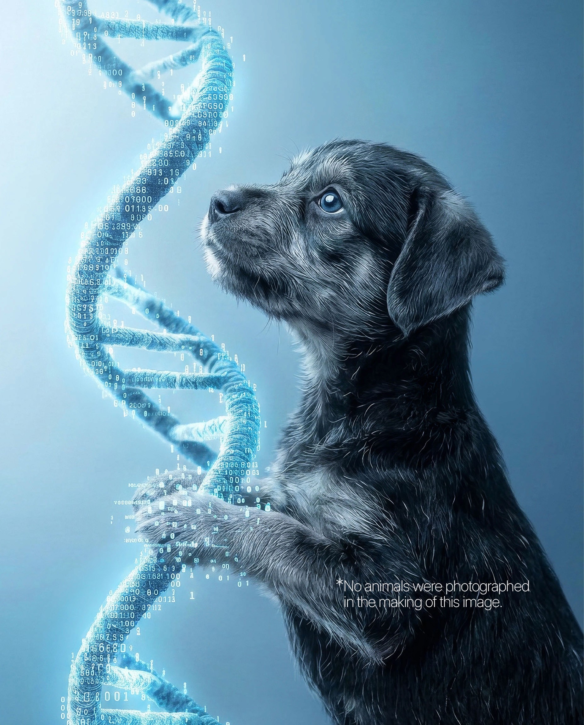 A grey puppy clambering onto a dna helix