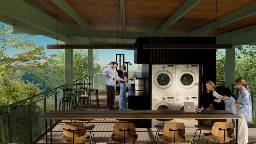 render del laundry café de yuniko cottage & lake con dos personas sirviendo café