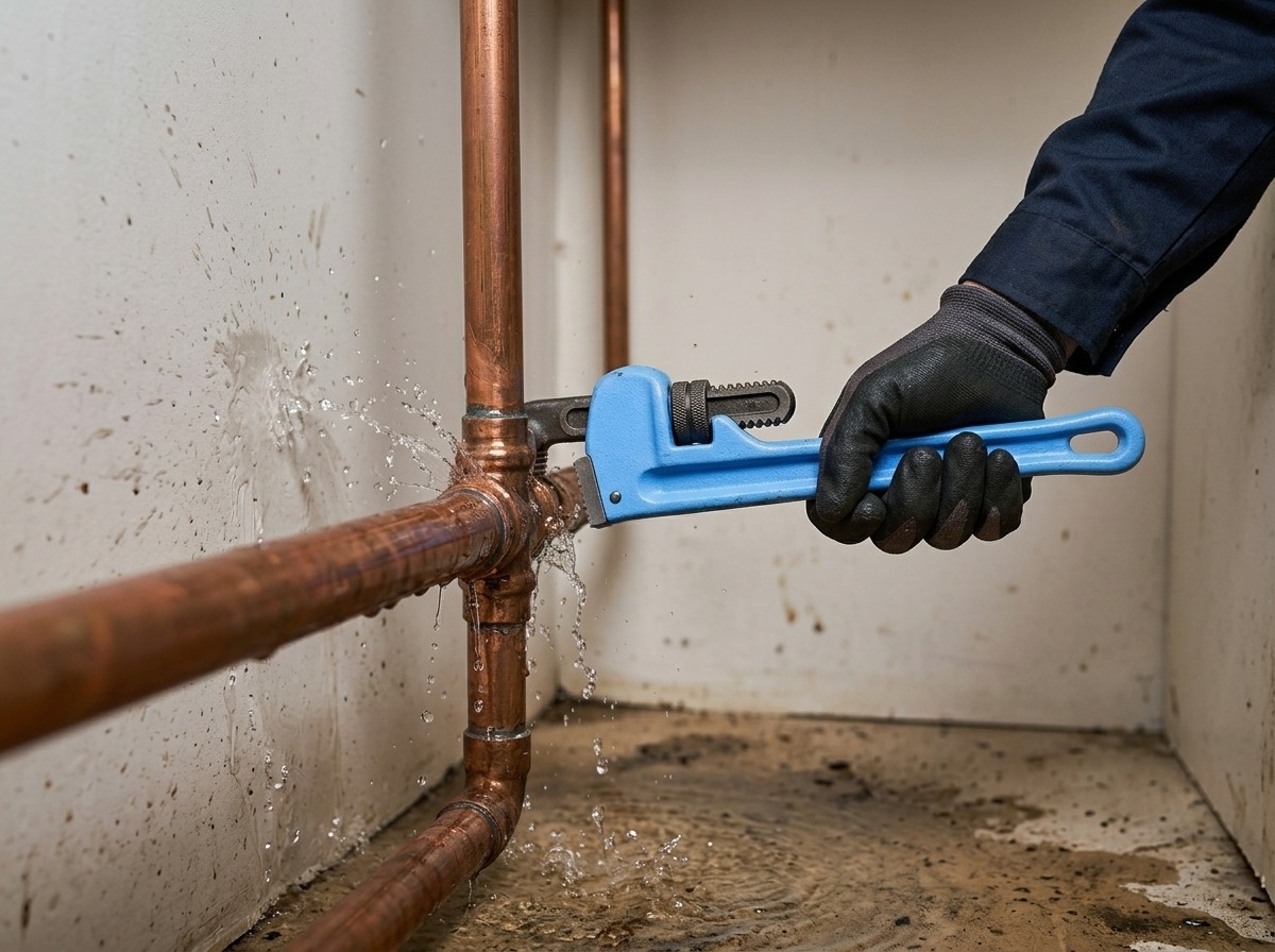 Close-up of a plumber tightening copper pipes with a blue pipe wrench.