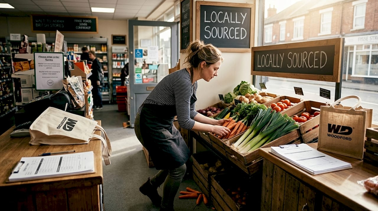 Store staff stocking local produce display