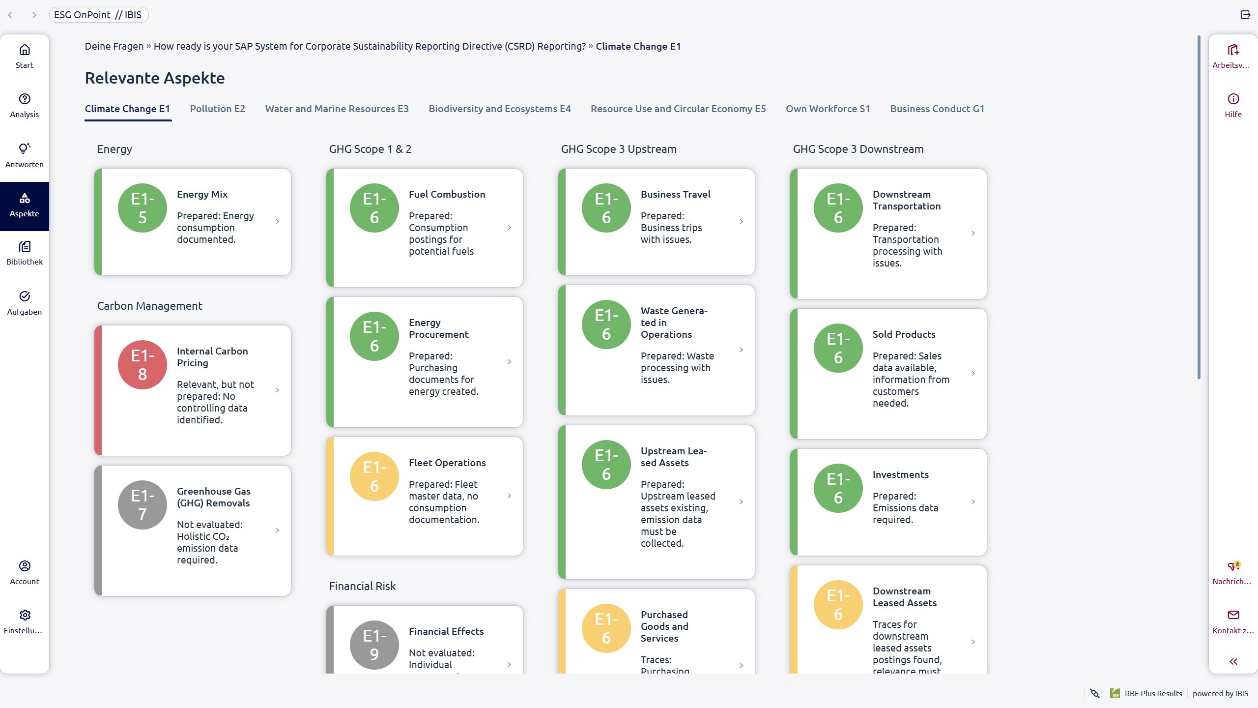 Das Bild zeigt einen Ausschnitt aus RBE Plus Results. Eine SAP Analysesoftware der IBIS Prof. Thome AG zur vorbereitung von ESG-Reporting mit SAP Systemdaten