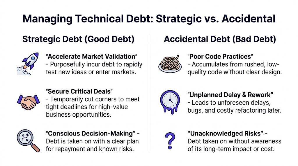 A comparison chart outlining the differences between strategic, intentional technical debt and accidental, negative technical debt.