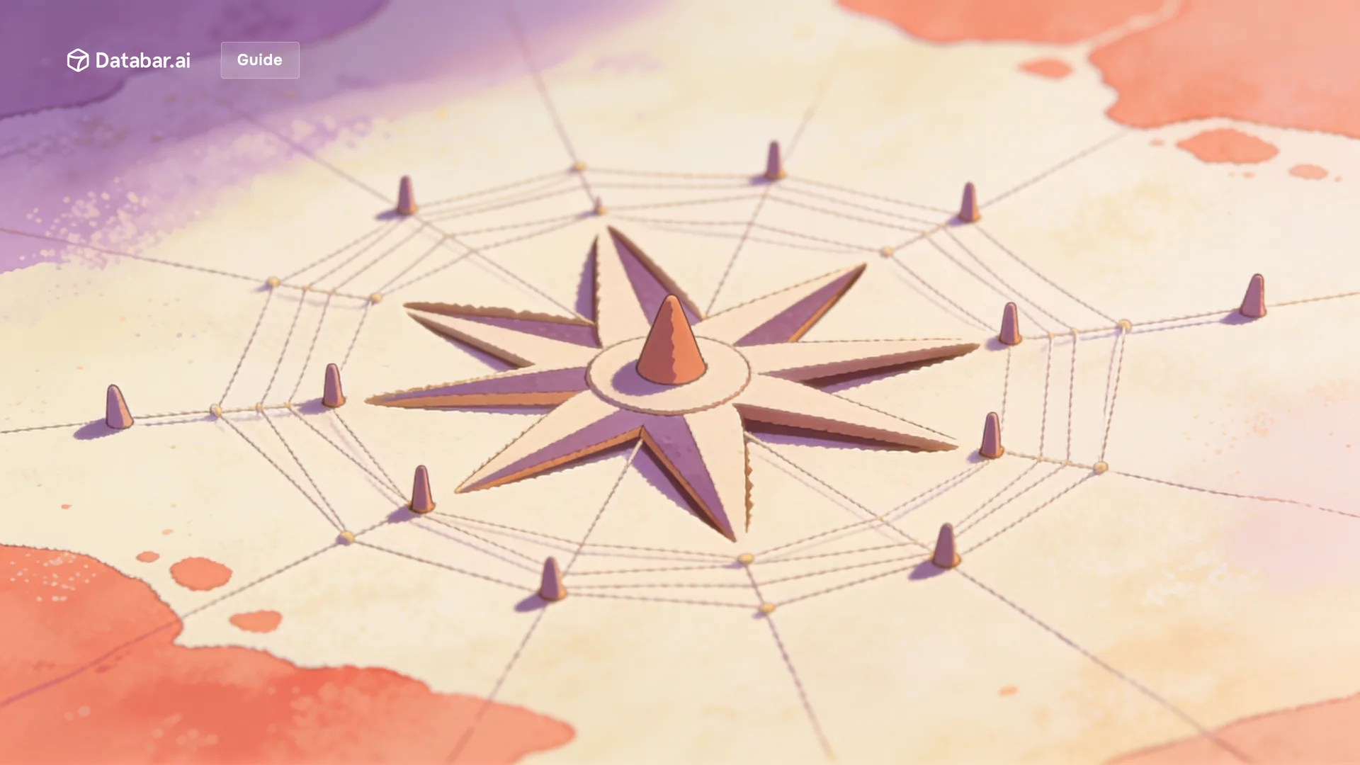 Illustration of a compass rose with fine threads radiating out to small upright markers — SEO API: What It Is and Why Your Tools Depend on One