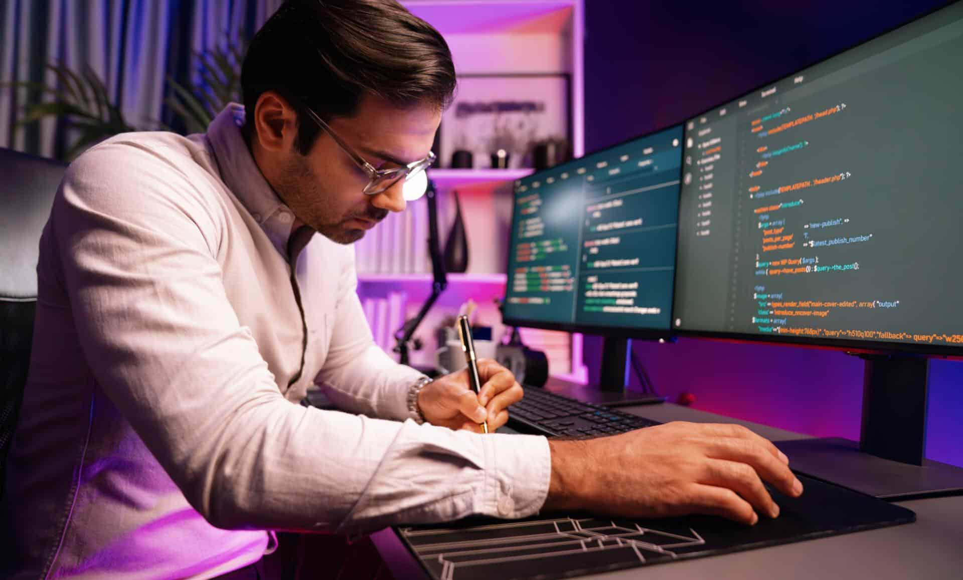 Working smart IT developer writing data software development from two pc screen