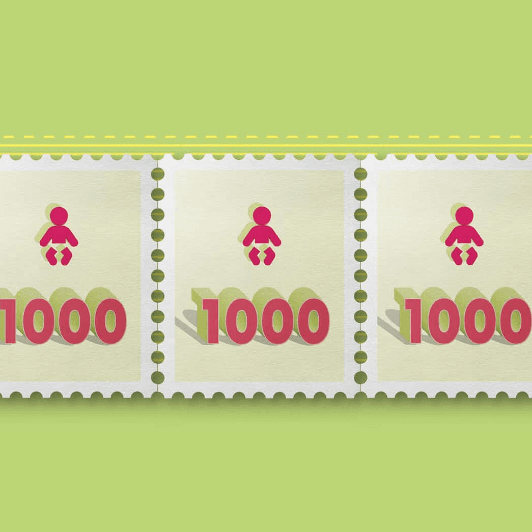 Estampillas verdes con íconos de bebé y número mil.