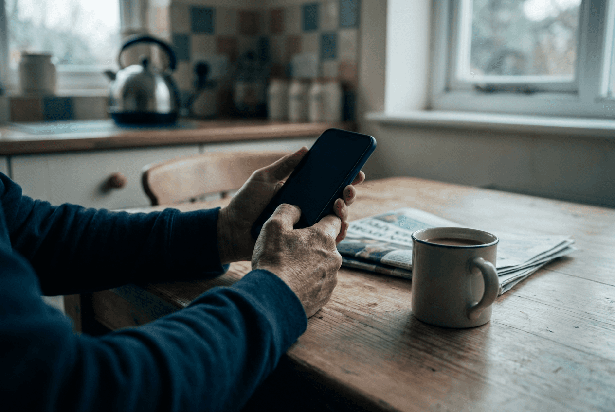 Close-up of a person's hands holding a phone at a kitchen table