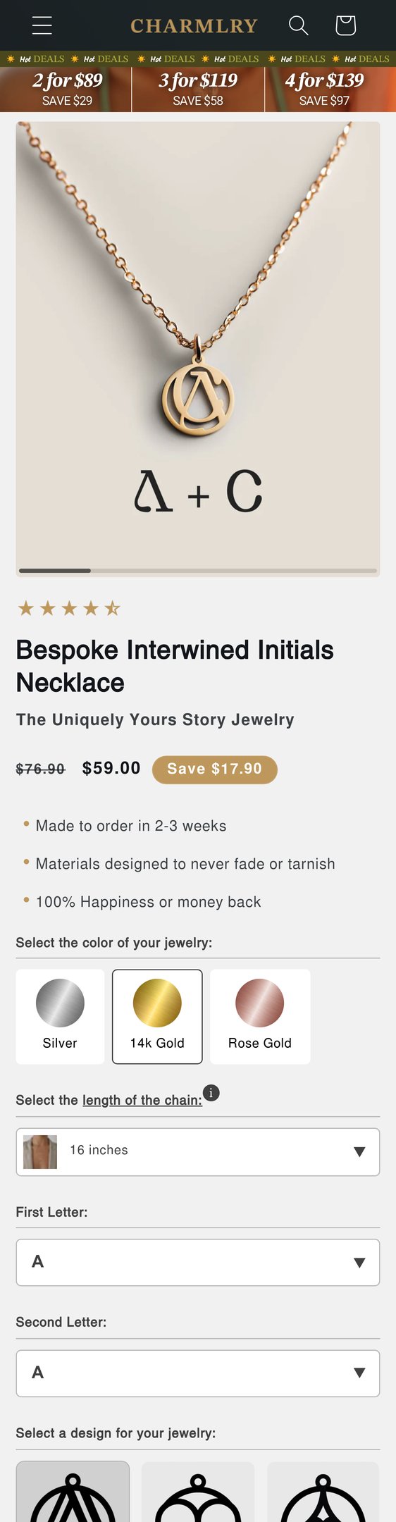 Jewelry product options include: necklace for Bespoke Interwined Initials Necklace from Charmlry.