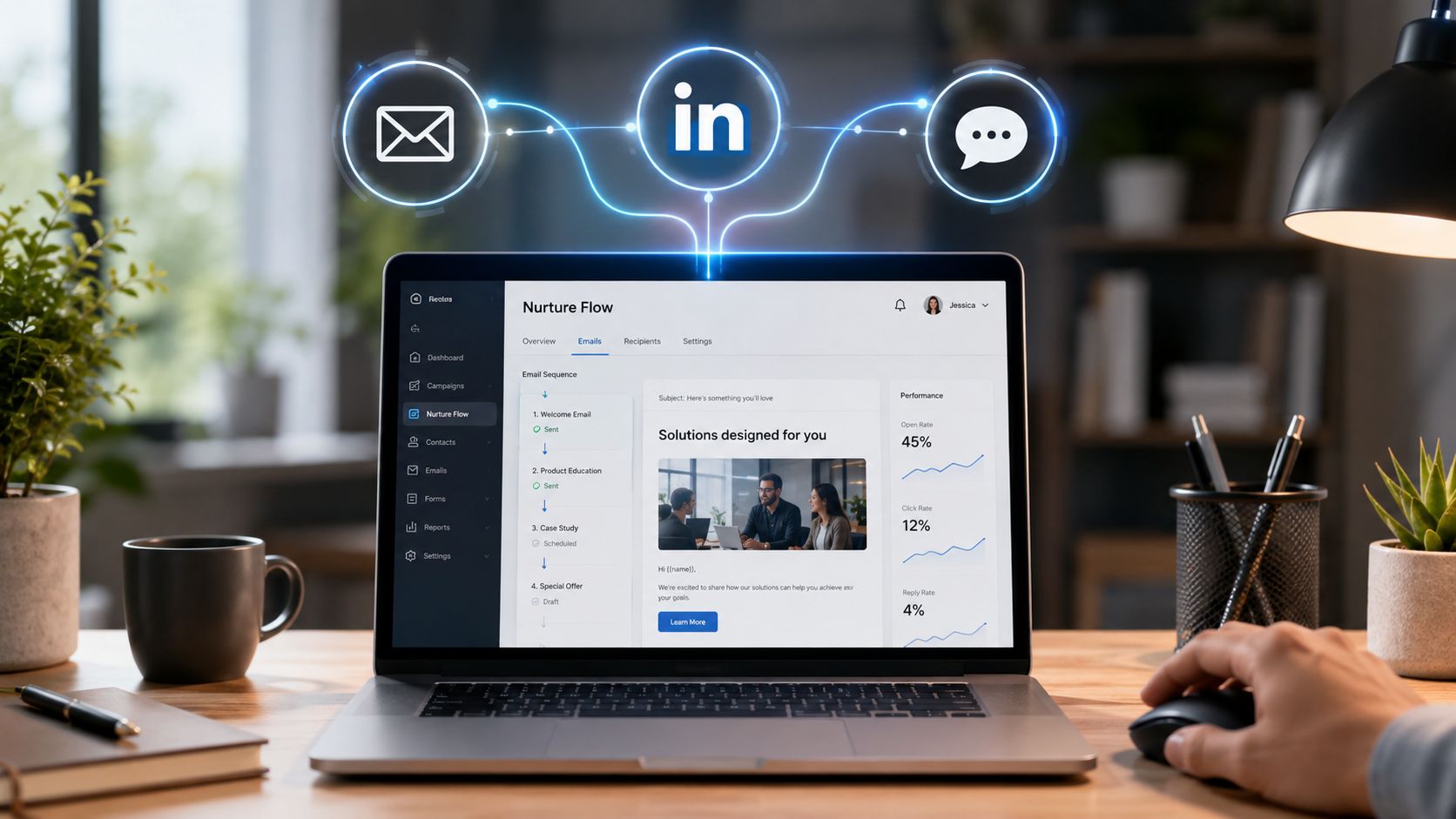 A professional laptop showing a B2B lead nurturing dashboard with email, LinkedIn, and messaging communication channels.