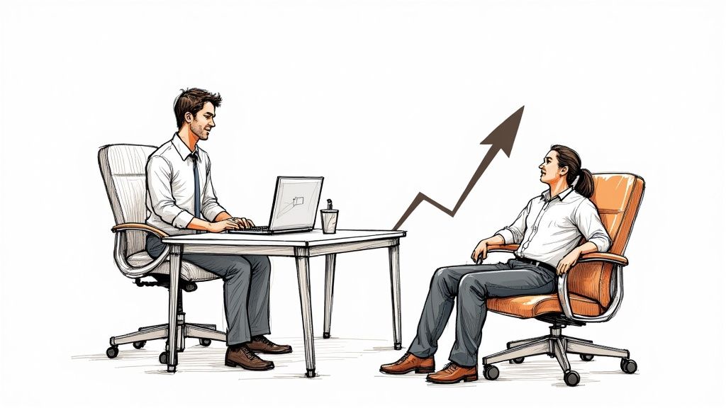 Una terapeuta certificada aplicando un masaje en silla shiatsu a un colaborador en un entorno de oficina moderno y luminoso.