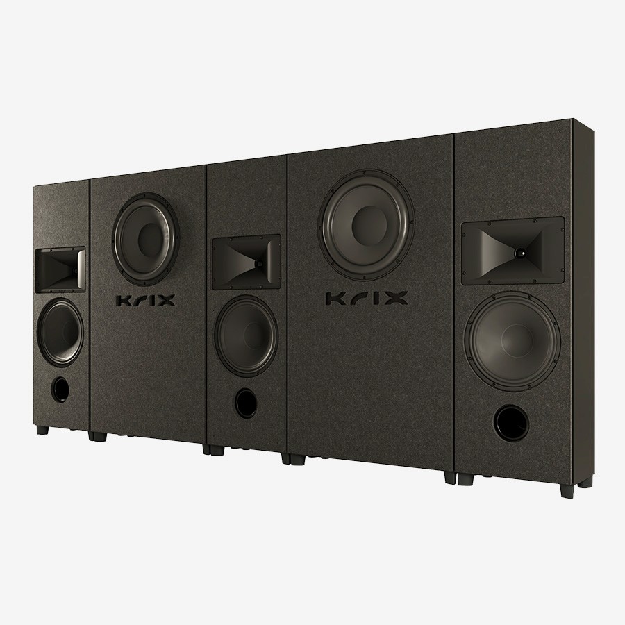 Four dark grey speaker cabinets displayed in a row.