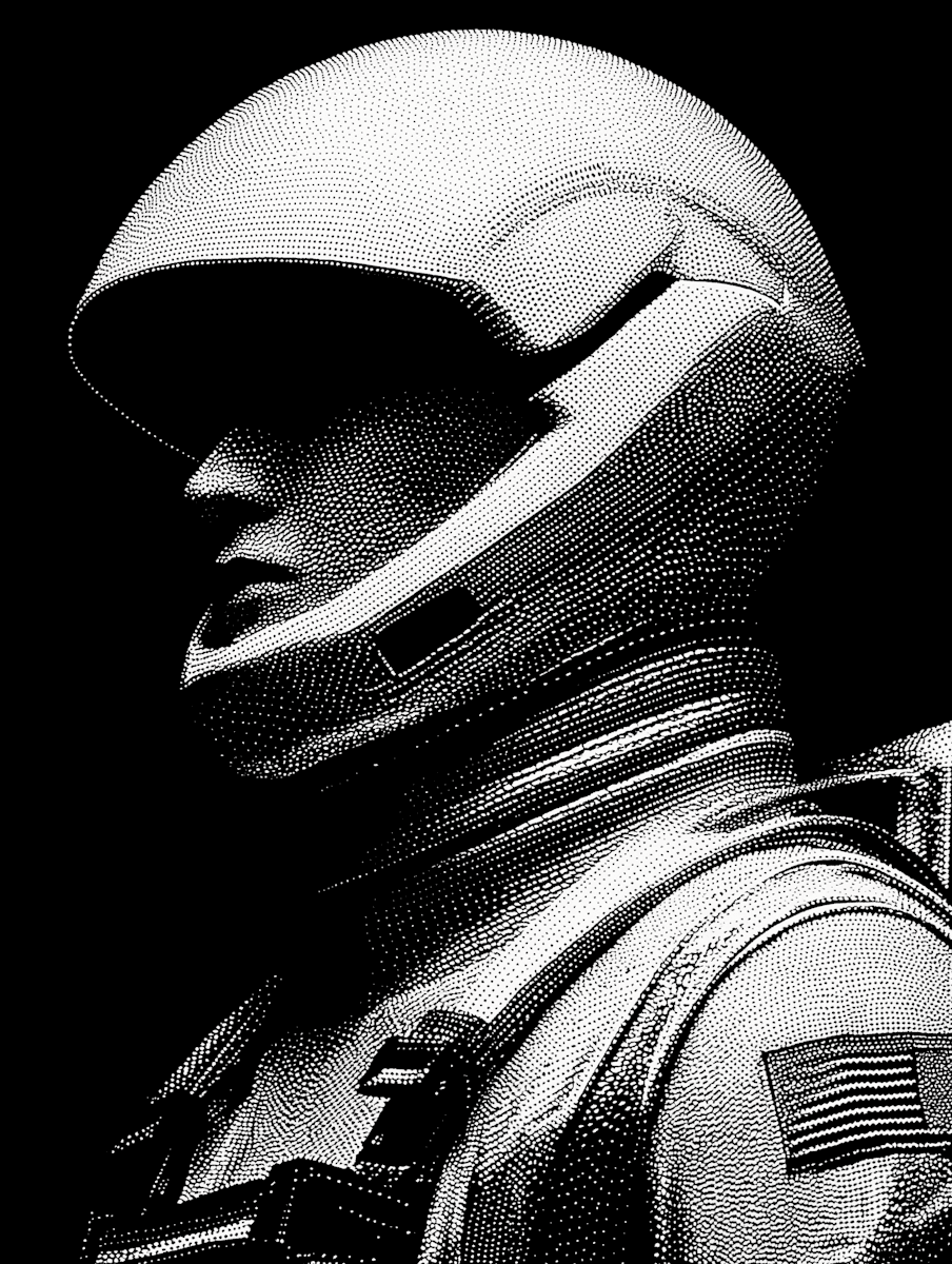 High-contrast, dithered black and white profile of an astronaut wearing a helmet.