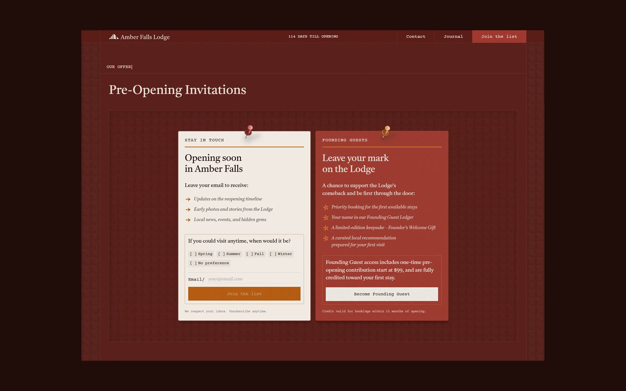 Amber Falls Lodge pre-opening page with newsletter sign-up and Founding Guest membership cards