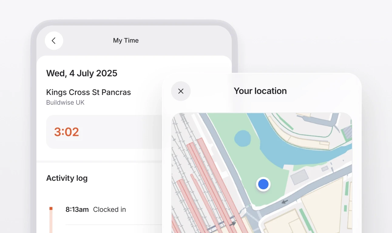 Two close ups of the Onetrace mobile app showing the time an operative is about to clock out, and their location.