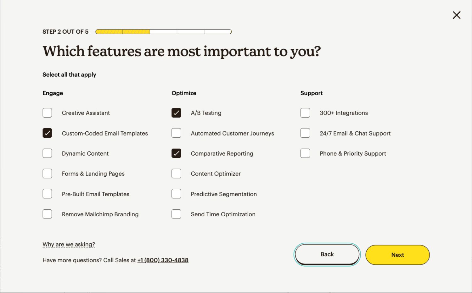 Mailchimp Tier Quiz: An interactive questionnaire designed to help users identify the most suitable Mailchimp tier based on their feature priorities, such as A/B testing, segmentation, and support options.