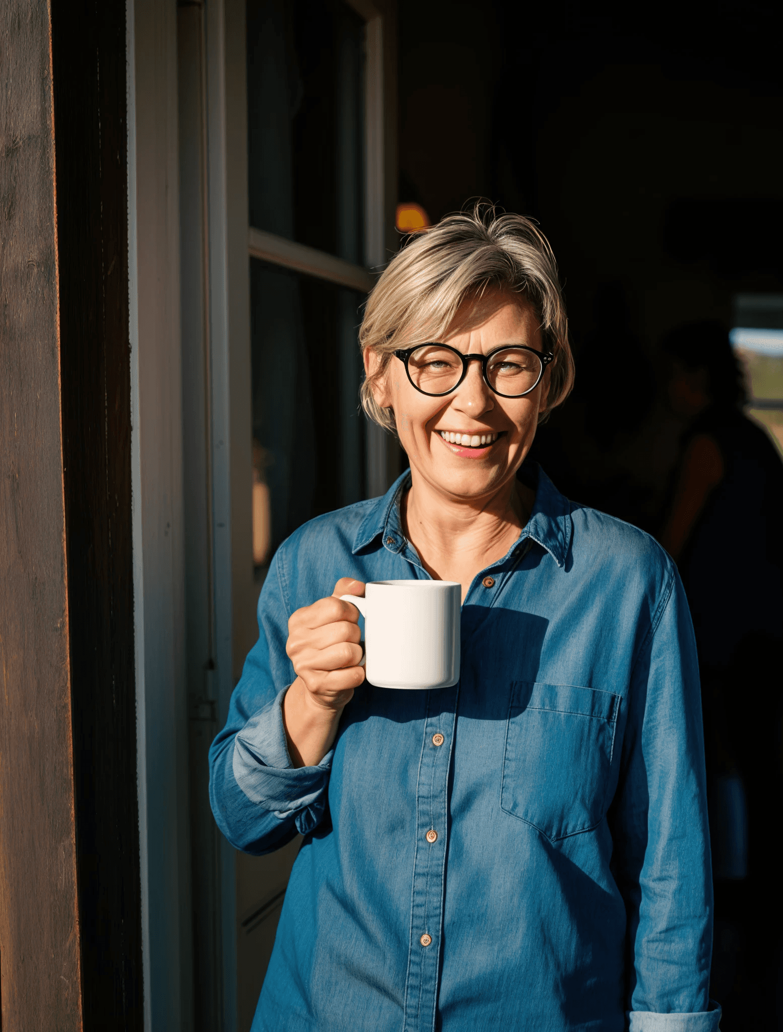Smiling senior woman with glasses holds a white mug. She wears a blue shirt and stands by a door in sunlight.