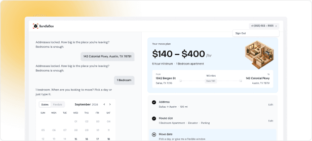 Conversational move planner with live quote range