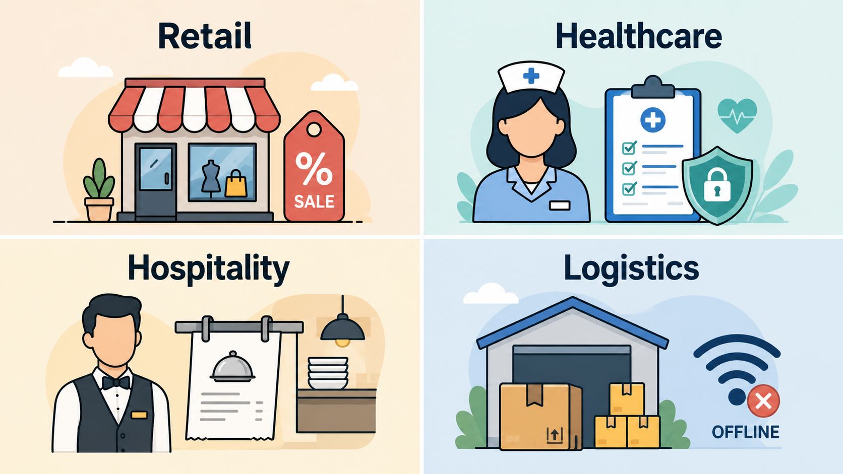 An infographic showing icons representing the retail, healthcare, hospitality, and logistics industries in a flat design style.