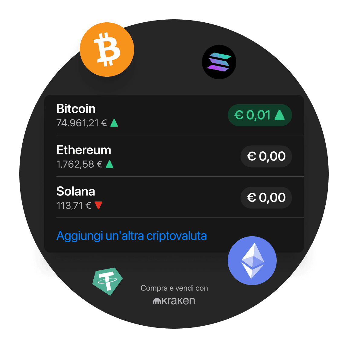 Rappresentazione visiva dei prezzi delle criptovalute: Bitcoin, Ethereum e Stellar elencati con i loro valori attuali.