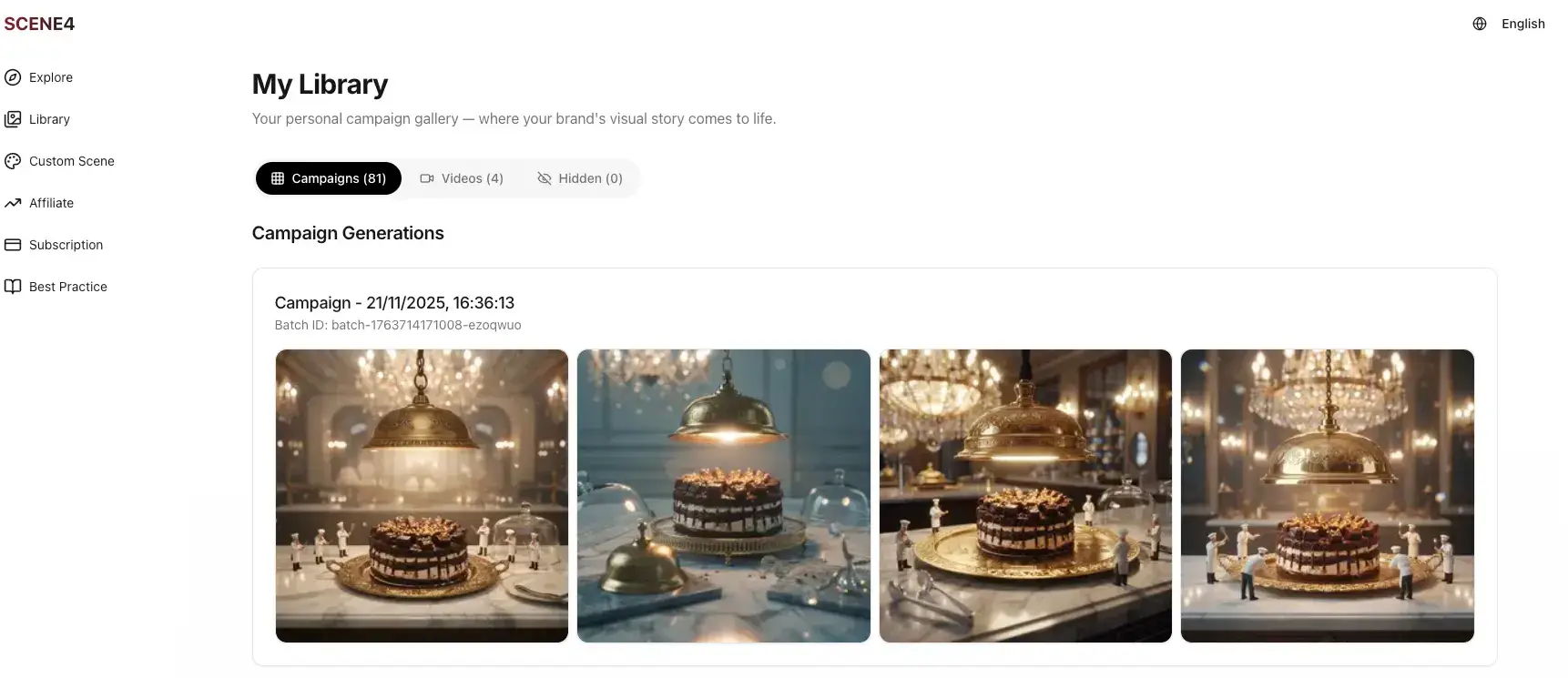 full set of chocolate cake campaign images generated by scene4-based on midjourney inspiration image