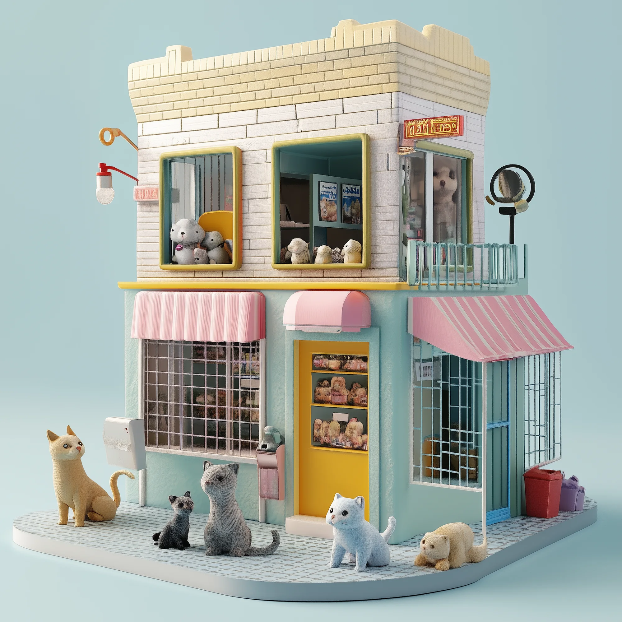 A miniature model of a pet clinic with cats and a dog outside