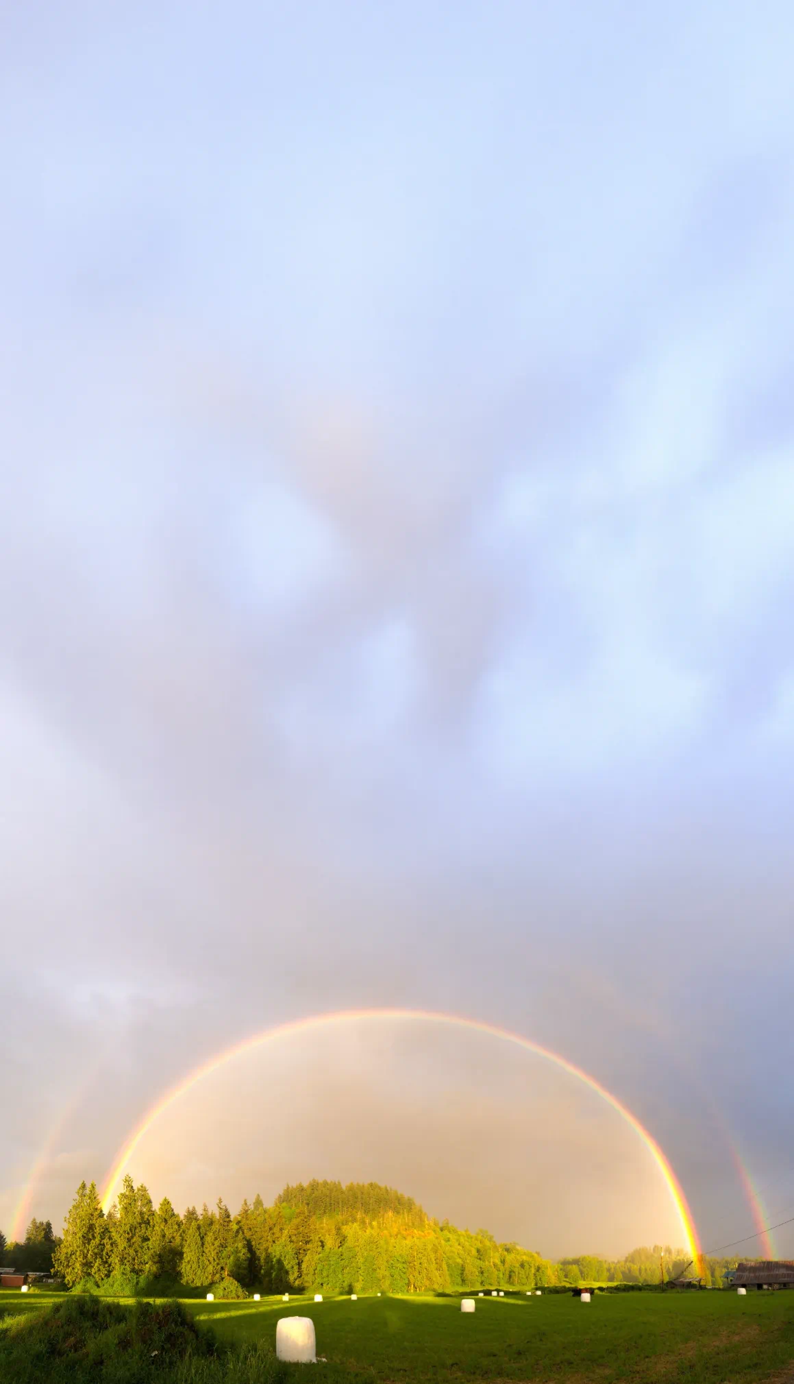 Rainbow arching over open green fields and trees