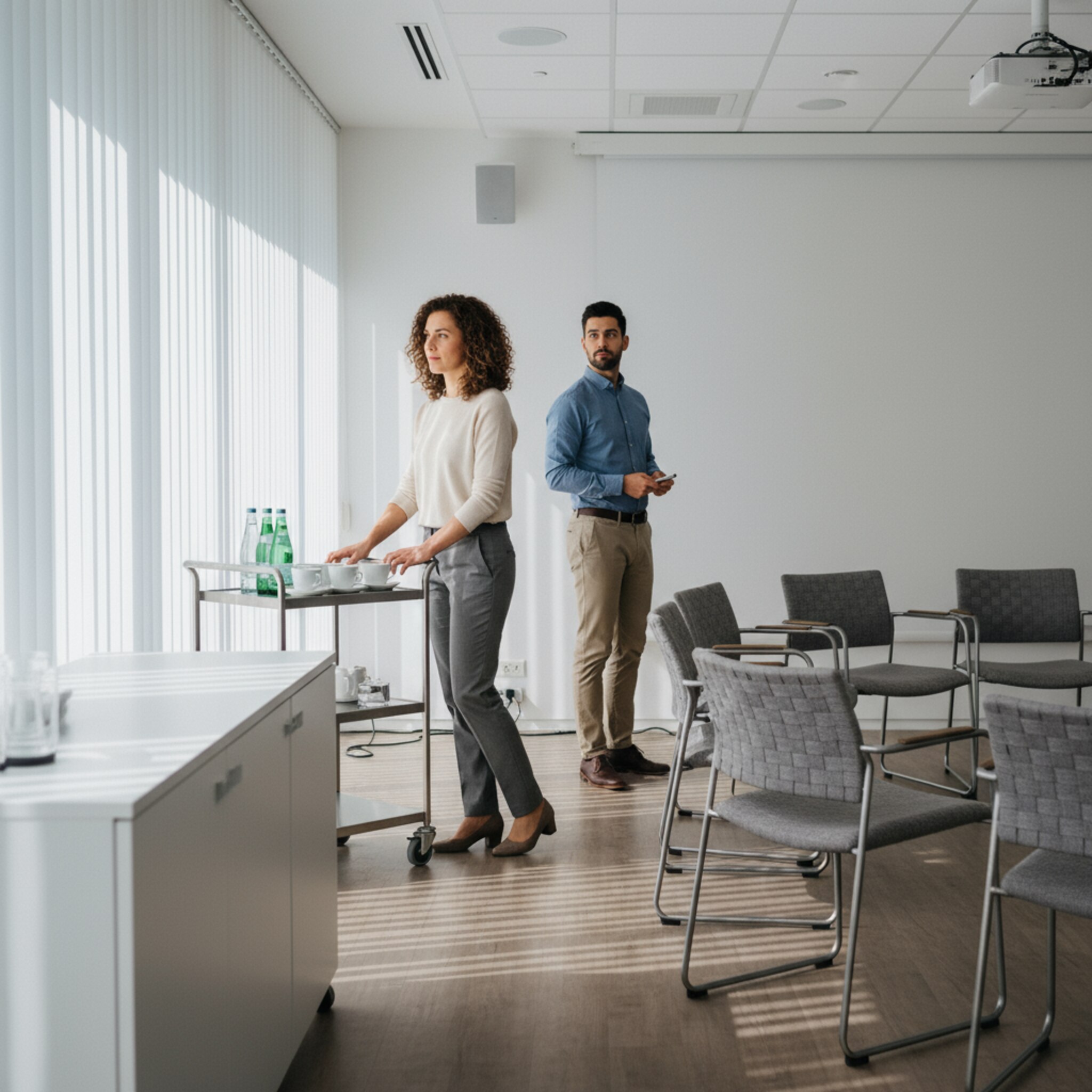 Eine Mitarbeiterin rollt einen Cateringwagen in einen klar strukturierten Konferenzraum, ordnet Tassen und stellt Wasser bereit. Ein Kollege richtet den Projektor aus und prüft dezent die Lautsprecher. Stühle sind im Halbkreis ausgerichtet. Alles wirkt vorbereitet und pünktlich.
