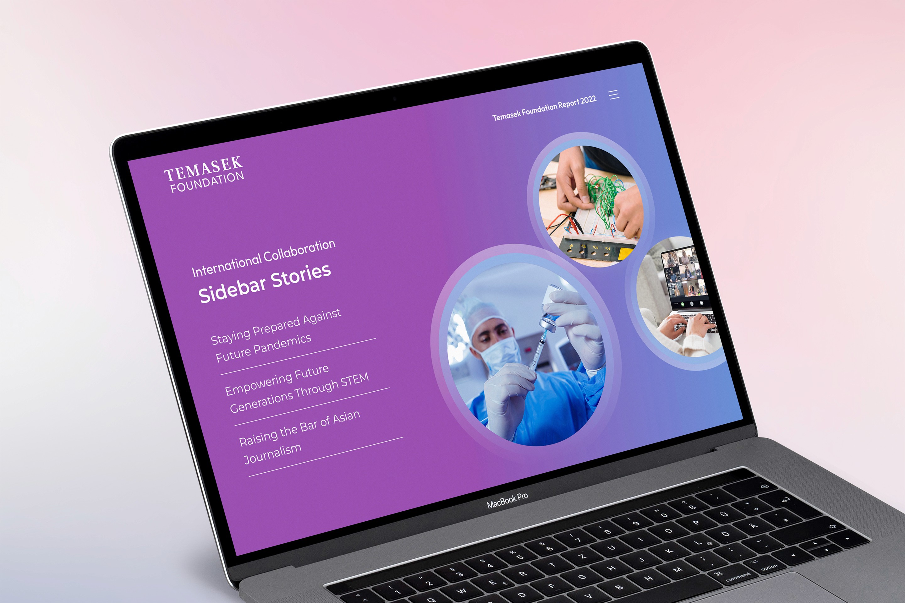 A laptop screen displaying Temasek Foundation's annual report, featuring images of program participants on the right and links to sidebar stories on the left.