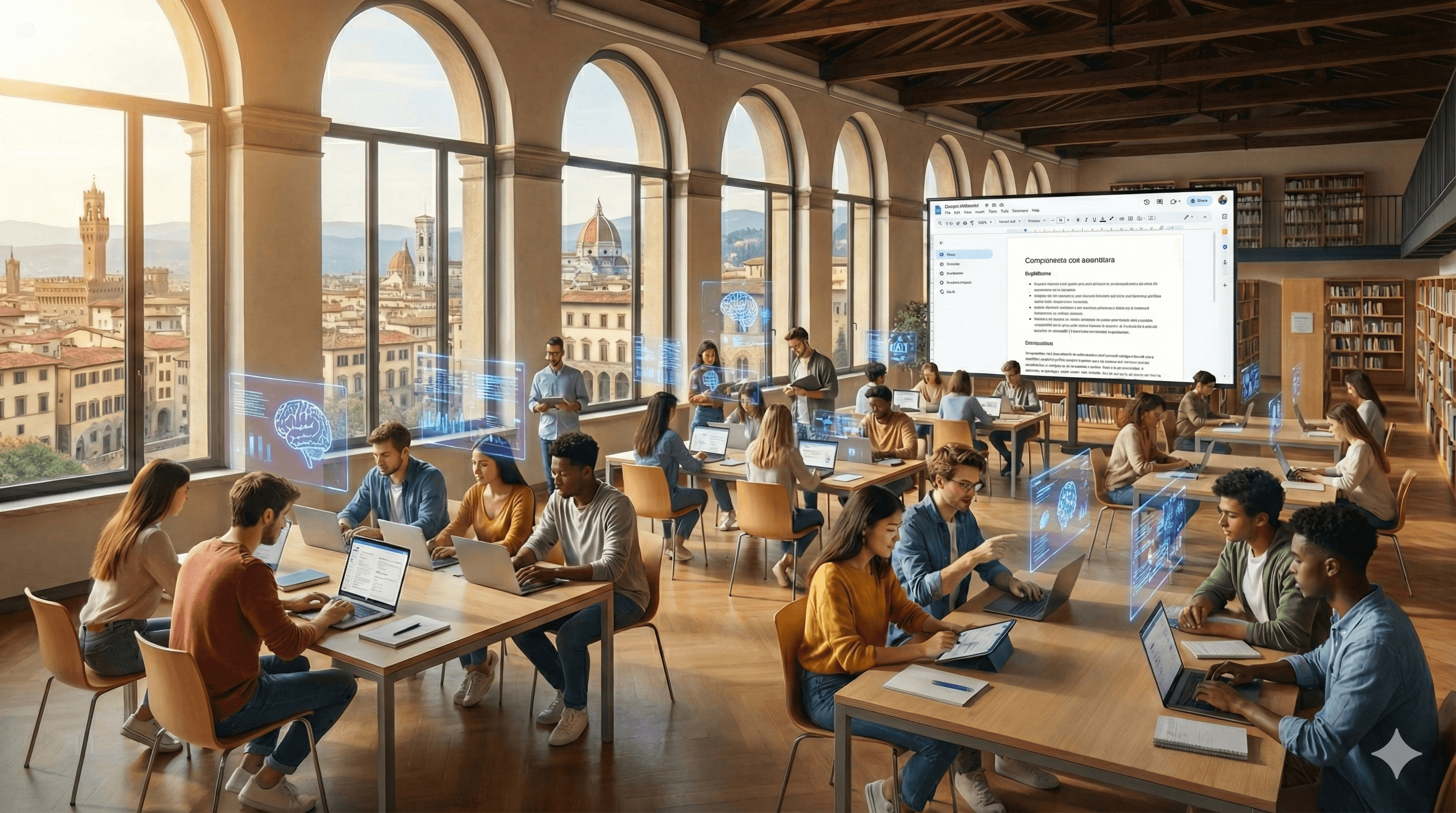 A modern university library with arched windows offers a panoramic view of Florence, Italy, as diverse students use laptops, immersed in digital interfaces powered by Gemini AI, reflecting Italian universities' embrace of innovative technology.