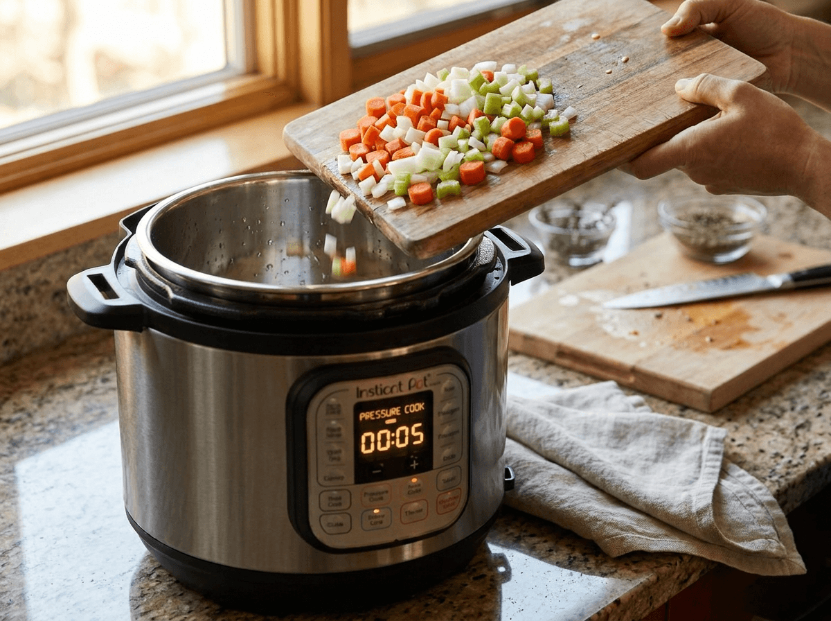 Multicooker with open lid and single inner pot as hands add vegetables