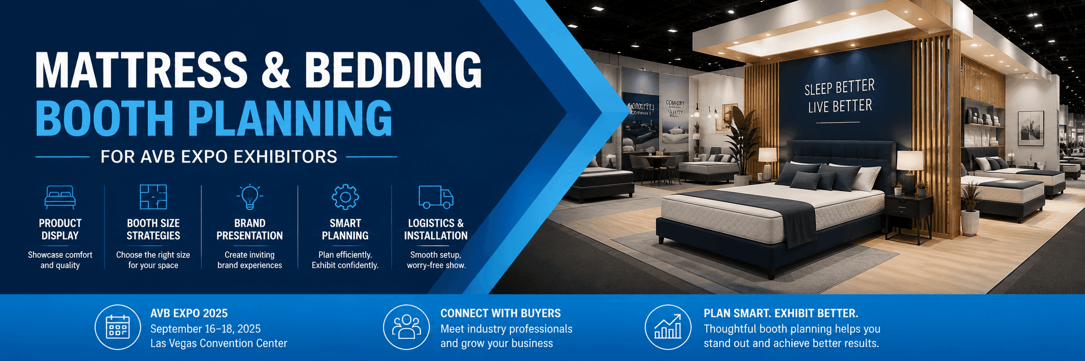 AVB Expo mattress and bedding booth planning with comfort testing zone, bedding product display, soft goods presentation, and buyer conversation space