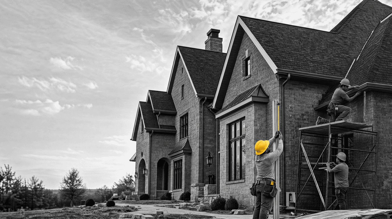 Two construction workers work on the gutters and exterior wall of a large residence with the roof, windows, and siding visible.