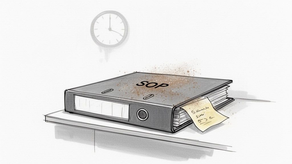 A dusty binder labeled 'SOP' sits on a shelf, suggesting neglected standard operating procedures.
