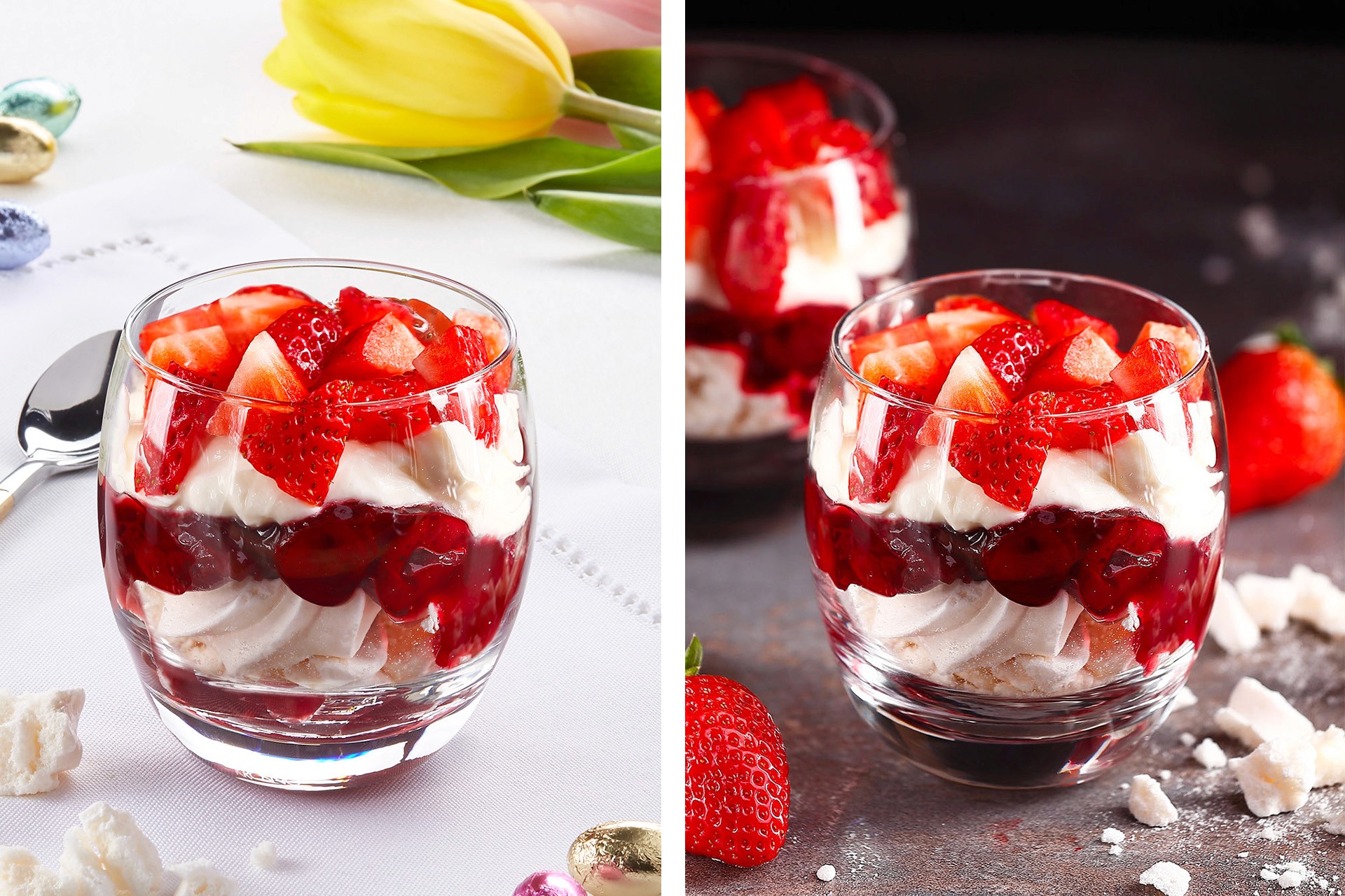 Two side-by-side images of strawberry parfaits in clear glass cups, layered with fresh strawberries, whipped cream, and strawberry jelly, surrounded by decorative elements like a yellow tulip and scattered meringue pieces, set on a light and dark background respectively.