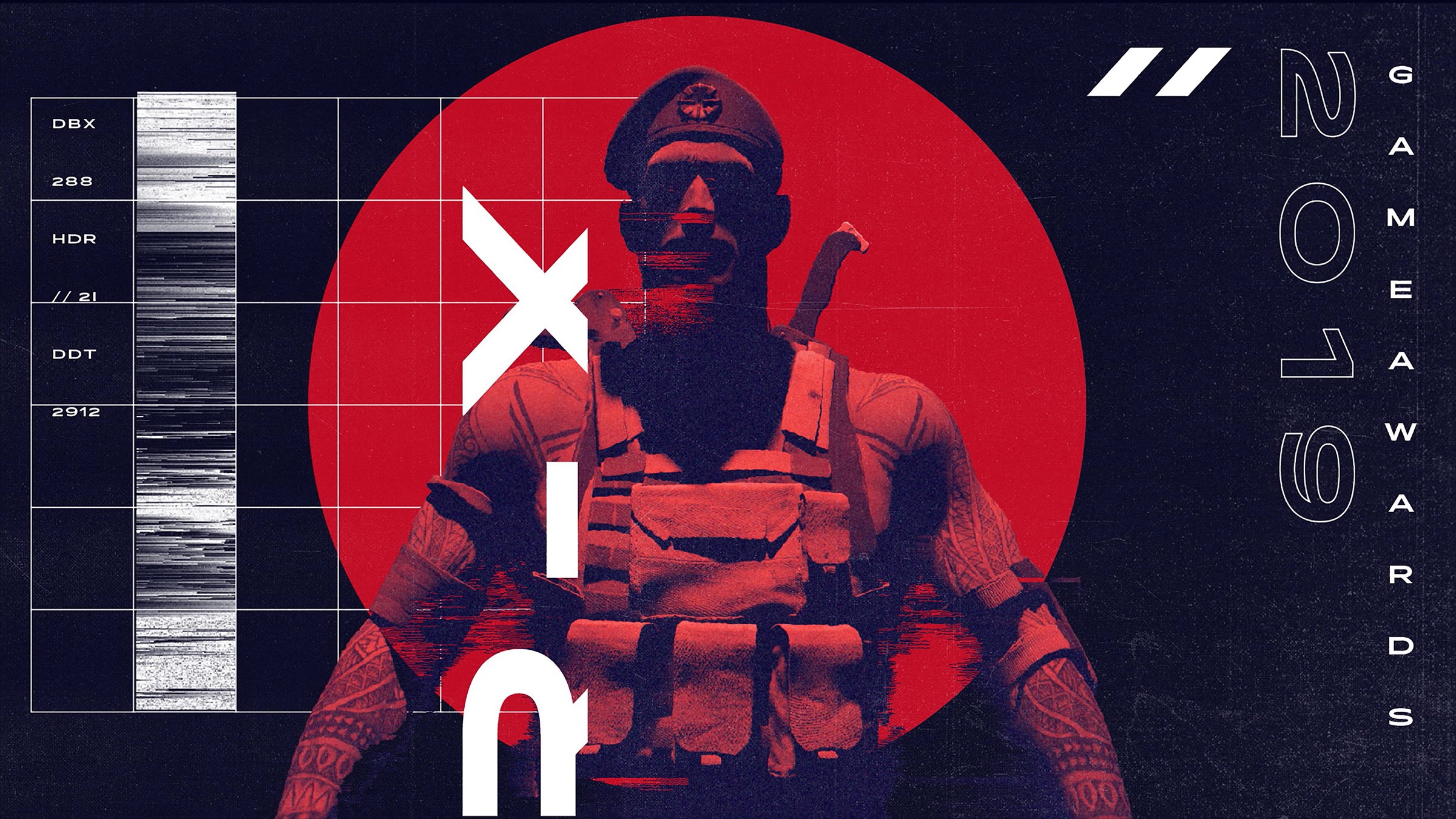 Japanese-inspired red circle with a soldier looking straight at the screen, blending cultural style with gaming elements for The Game Awards.