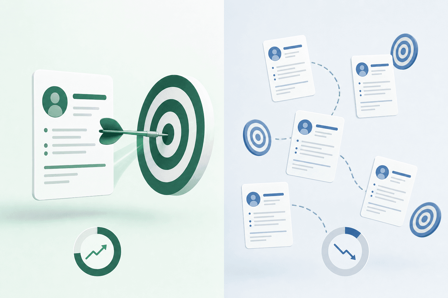 A clean, modern illustration comparing two job application approaches side by side. On the left, show a single tailored resume with focused targeting hitting a bullseye or target successfully. On the right, show multiple generic identical resumes scattered or missing their targets. Use a professional color palette with blues and greens, minimalist style, showing the quality versus quantity concept visually through success rate visualization, no text or words visible.