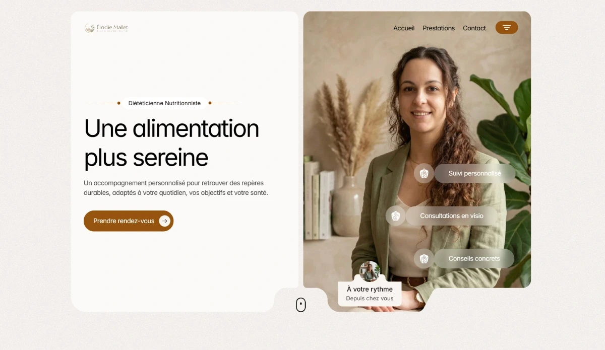 Page d’accueil du site d’Élodie Mallet, diététicienne nutritionniste, présentant un accompagnement personnalisé et les consultations en visio.