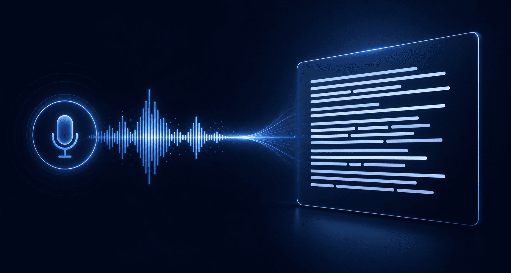 A sleek, modern illustration showing a voice sound wave transforming instantly into clean text on a screen, conveying ultra-low latency and speed. The aesthetic is minimal and professional with a dark navy background, glowing blue accent lines, and a smooth waveform flowing seamlessly into typed characters. No text labels or words in the image.