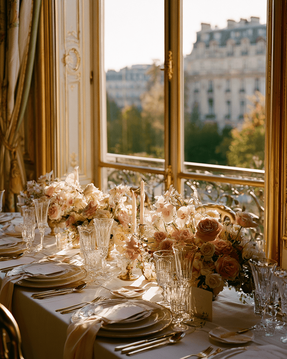 Close-up of a floral tablescape with soft pink seasonal flowers