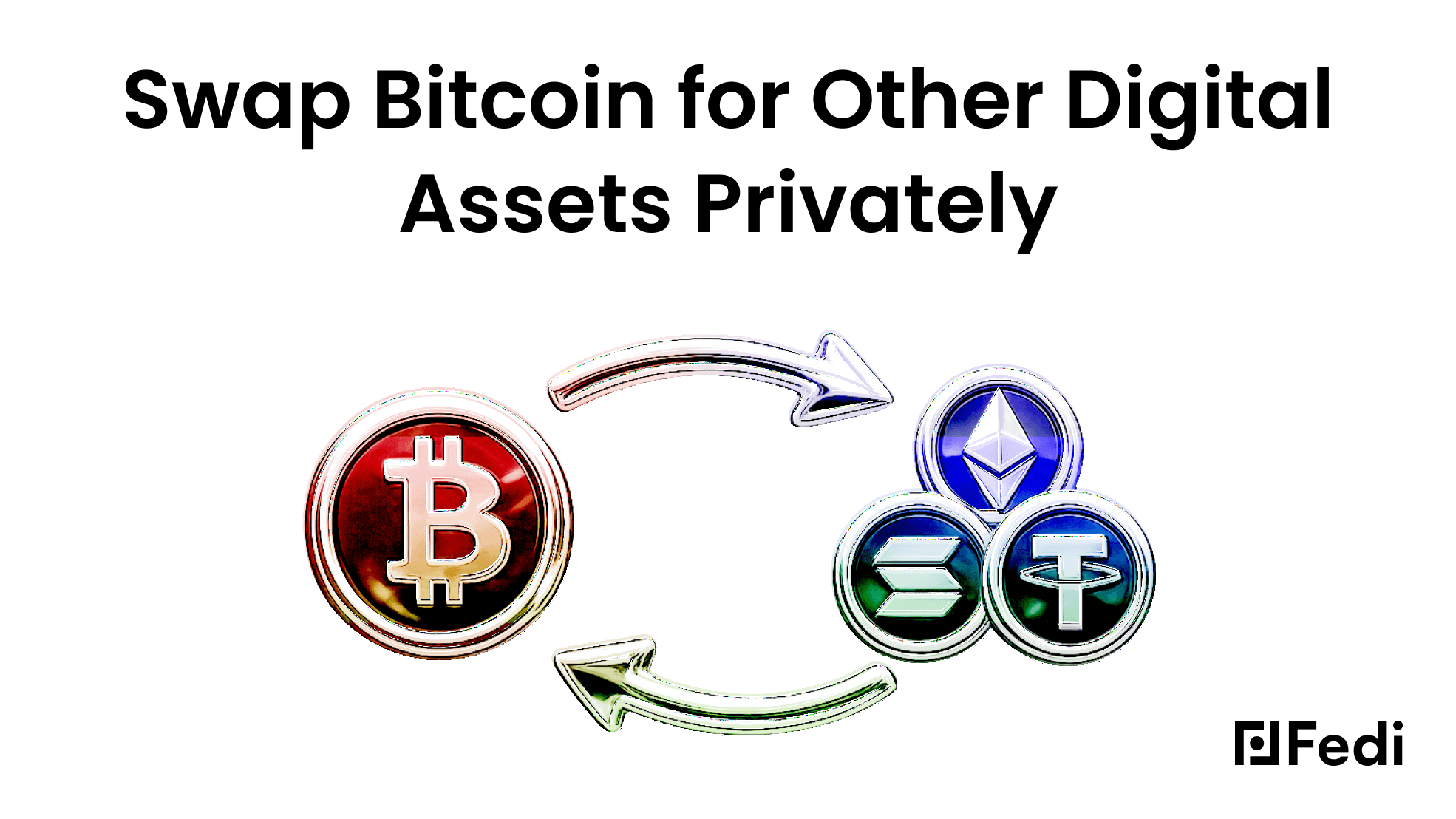 Imagem ilustrativa do aplicativo Fedi mostrando a troca de moedas de Bitcoin por ativos digitais como Ethereum, Solana e Tether (USDT) de forma privada usando o Exolix no Fedi