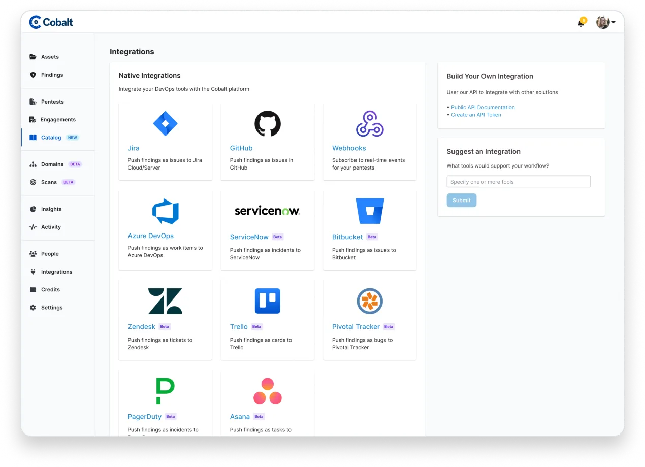 Cobalt integrations dashboard showing Jira, GitHub, webhooks, Azure DevOps, and ServiceNow