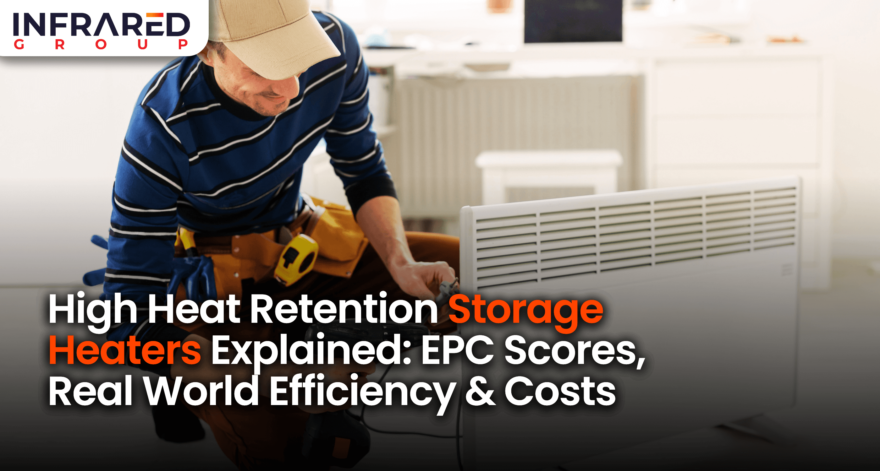 An image of a storage heater being worked on by a technician with foreground text that reads: "High heat retention storage heaters explained: epc scores, real world efficiency & costs"