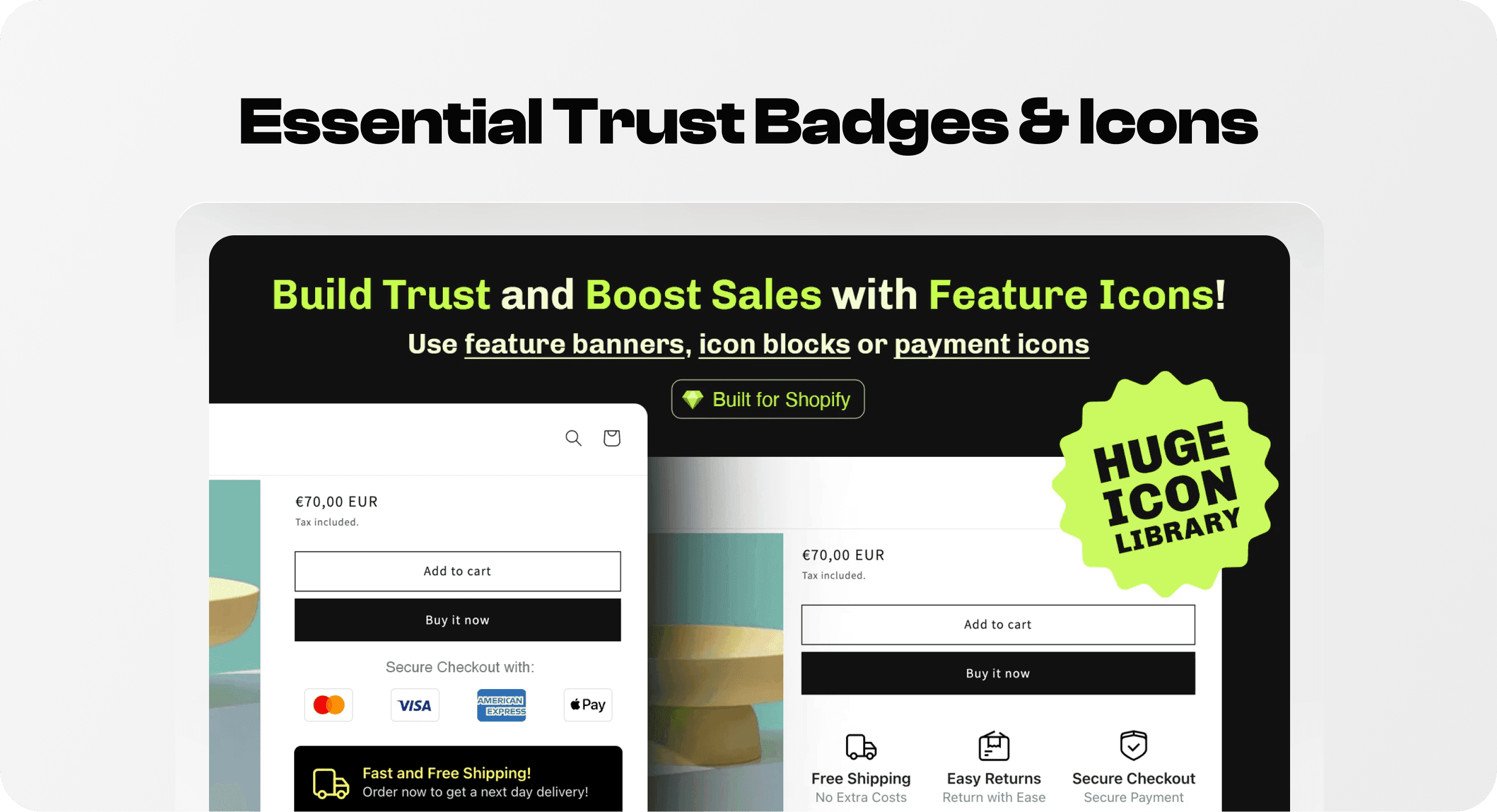 Essential Trust Badges & Icons showing payment, shipping, returns, and secure checkout badges on Shopify
